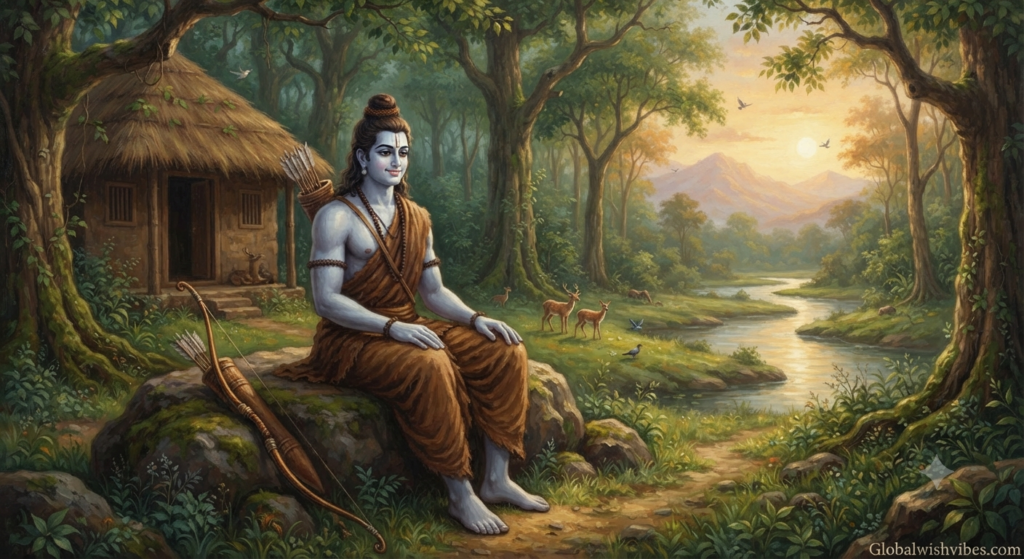 Lord Rama showing humility and noble simplicity after victory