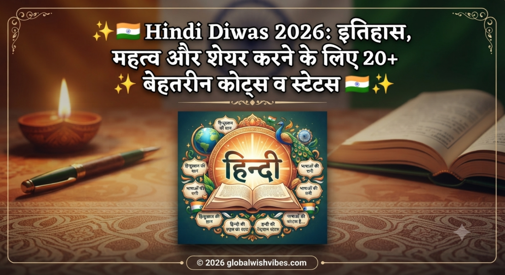 Grand Hindi Diwas 2026 Heading Banner - Celebrate India's Official Language with Traditional Art and Festive Decorations