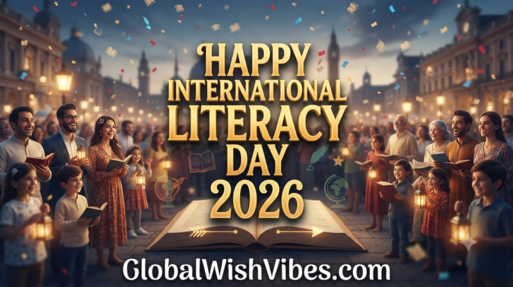 "Decorative greeting card design for Happy International Literacy Day 2026"