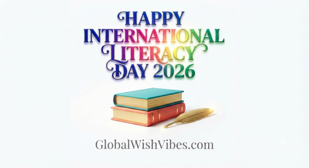 "World map surrounded by flying books representing global literacy for 2026"