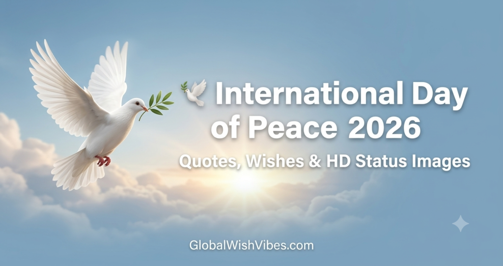 International Day of Peace 2026 header banner featuring a white dove flying through clouds with text for Quotes Wishes and HD Status Images by GlobalWishVibes.com