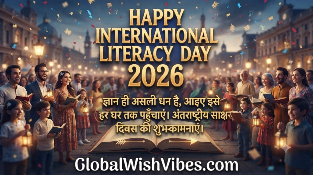 "Group of diverse people of all ages holding books and celebrating International Literacy Day 2026"