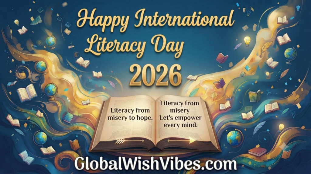 "Stylized tree of knowledge with glowing books and tech icons for Literacy Day 2026"