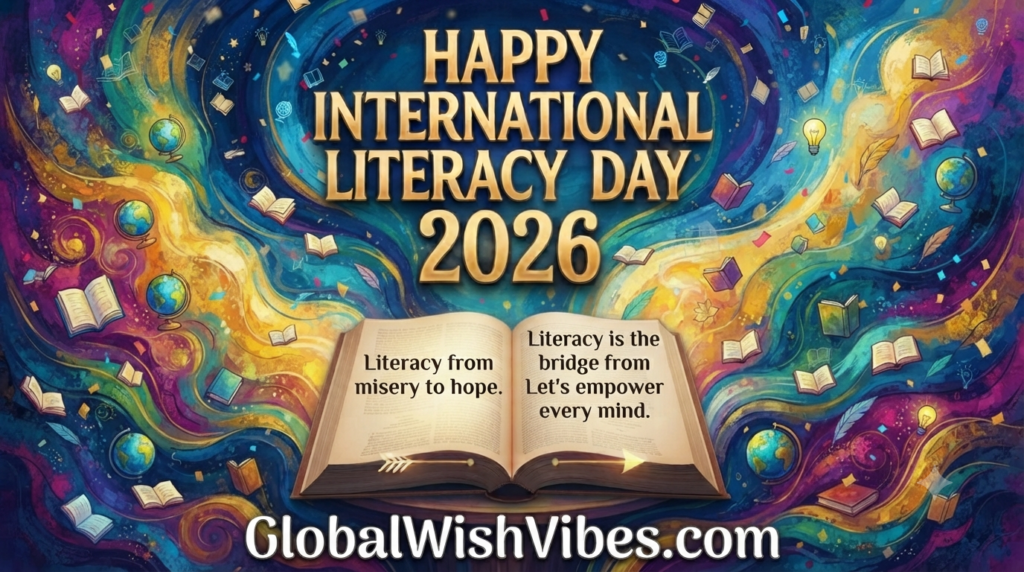 "Smiling children reading open books on International Literacy Day 2026"